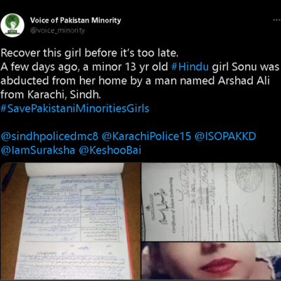 Hindu minor, Sonu (13) abducted by Arshad Ali [ Sindh , Pakistan ]